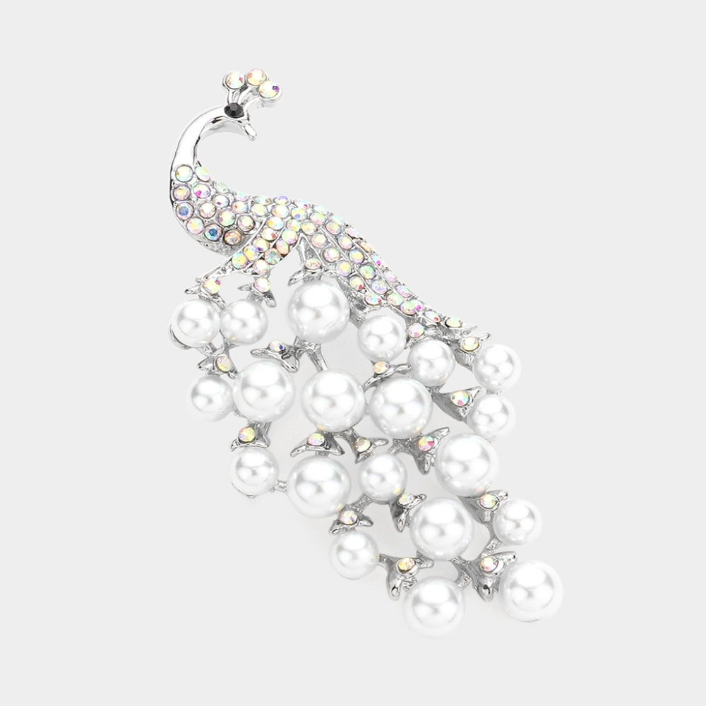 Silver Pearl Peacock Rhinestone Crystal Bling 2.5 Inch Brooch Pin Accessory Ab